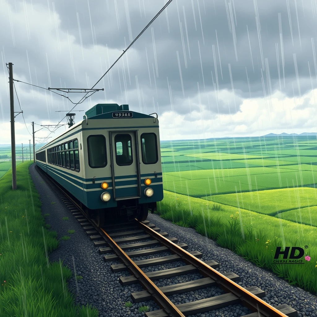 HD Ghibli art style. A train running on the tracks. Outside, green fields stretch into the distance under a cloudy, rainy sky.