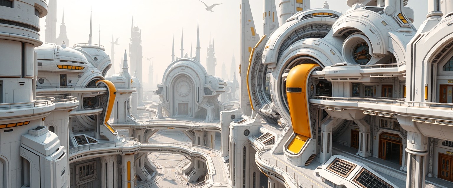 Futuristic cityscape with white and yellow structures, intricate details and walkways.