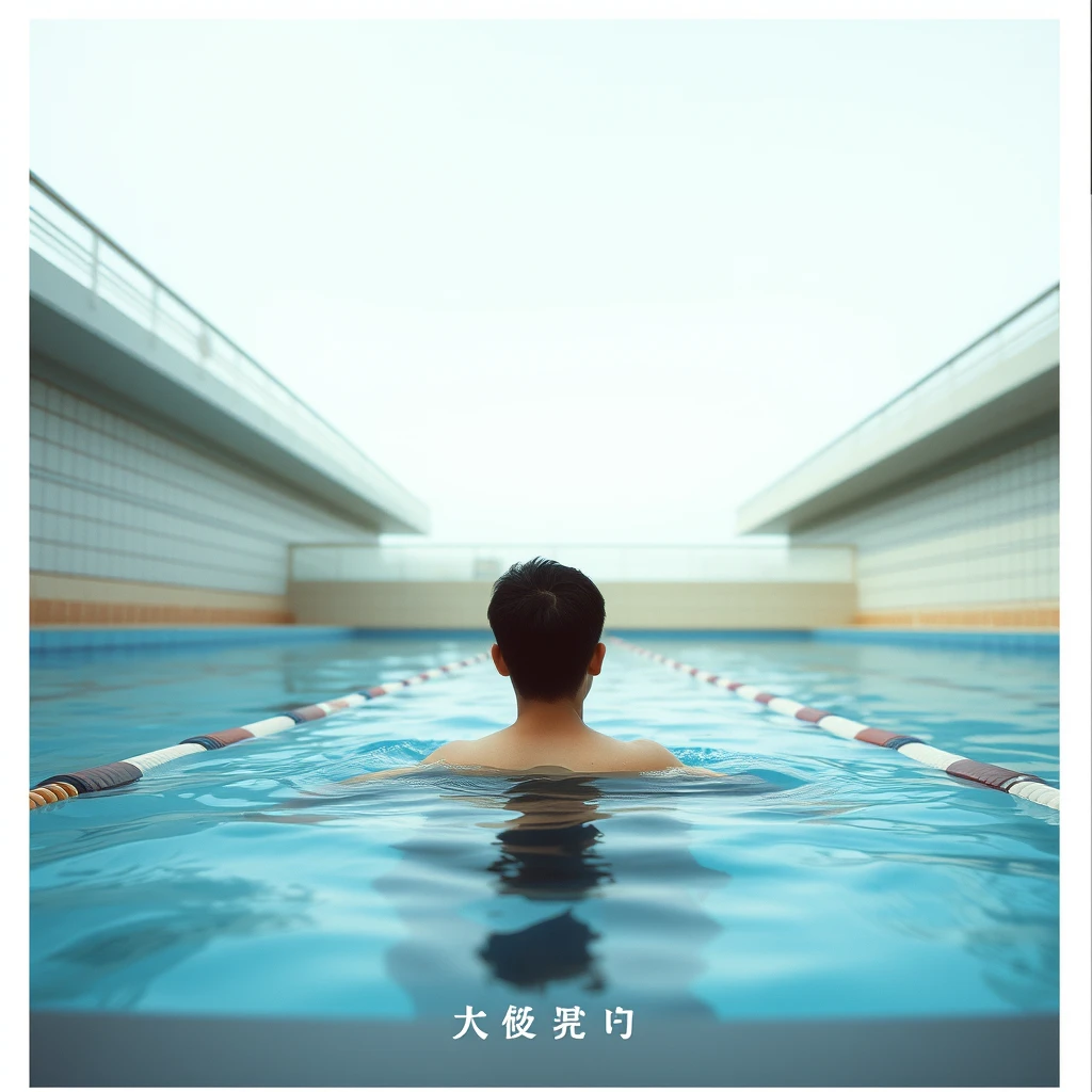 A strange swimming pool, with a young man swimming in the pool, in the distance, we are far from the pool, with Chinese characters or Japanese.