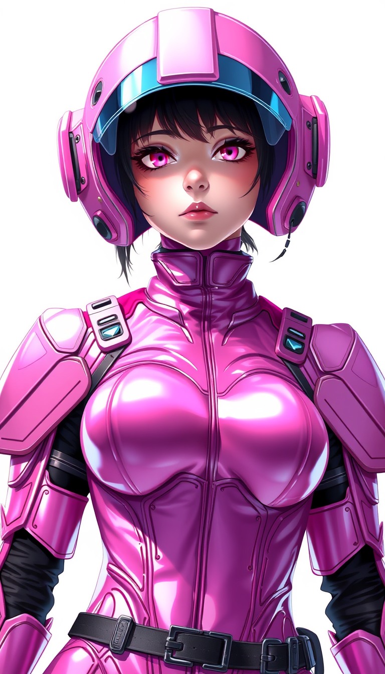 Ultra Detailed Character portrait, Pink space Armor bodysuit, female, anime style, super glamorous space female pirate, Pink Clothes made of shiny vinyl, Pink space bodysuit, A view from the waist up to the head, The background is a simple white color, cute Feel like a villain, Bizarre suits like space alien designs. - Image