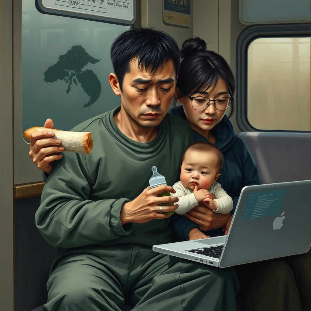 "A realistic painting style, a sad Chinese programmer sitting on a train, holding a piece of bread in his right hand and a baby bottle in his left hand to feed his child, his eyes focused on the laptop on his lap, with sparse hair. His wife sits next to him, looking at him with a sense of sorrow." - Image