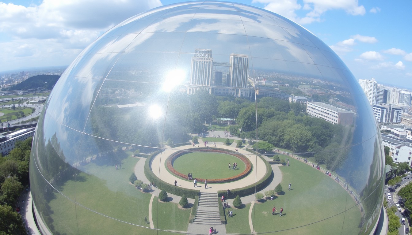 There is a transparent dome. Inside the dome is a park and people are walking around... The photo shows that dome from the sky.