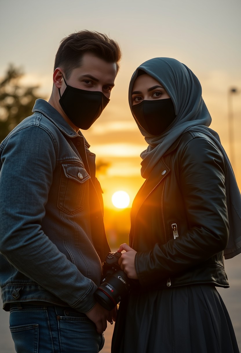 Jamie Dornan's head and body shot, handsome, black face mask, denim jacket, jeans, dating, love couple, with the biggest grey hijab Muslim girl, black face mask, beautiful eyes, black leather jacket, biggest skirt, holding a Canon DSLR camera, sunset, hyper-realistic, street photography. - Image