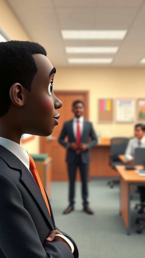 black man wearing full suit colors talking to principal's office 8k,3d Pixar style