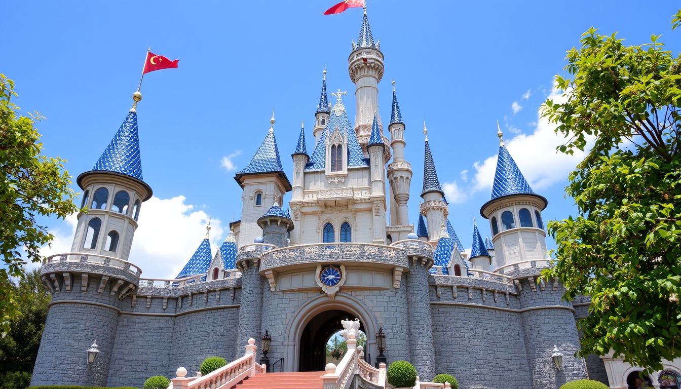 A whimsical fairy tale castle with glass turrets sparkling in the sunlight.