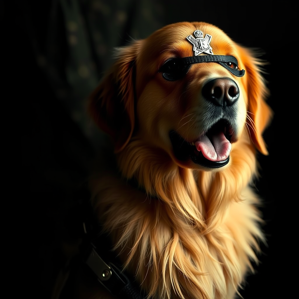 Soldier uniform wearing golden retriever, dog photography, dark aesthetic