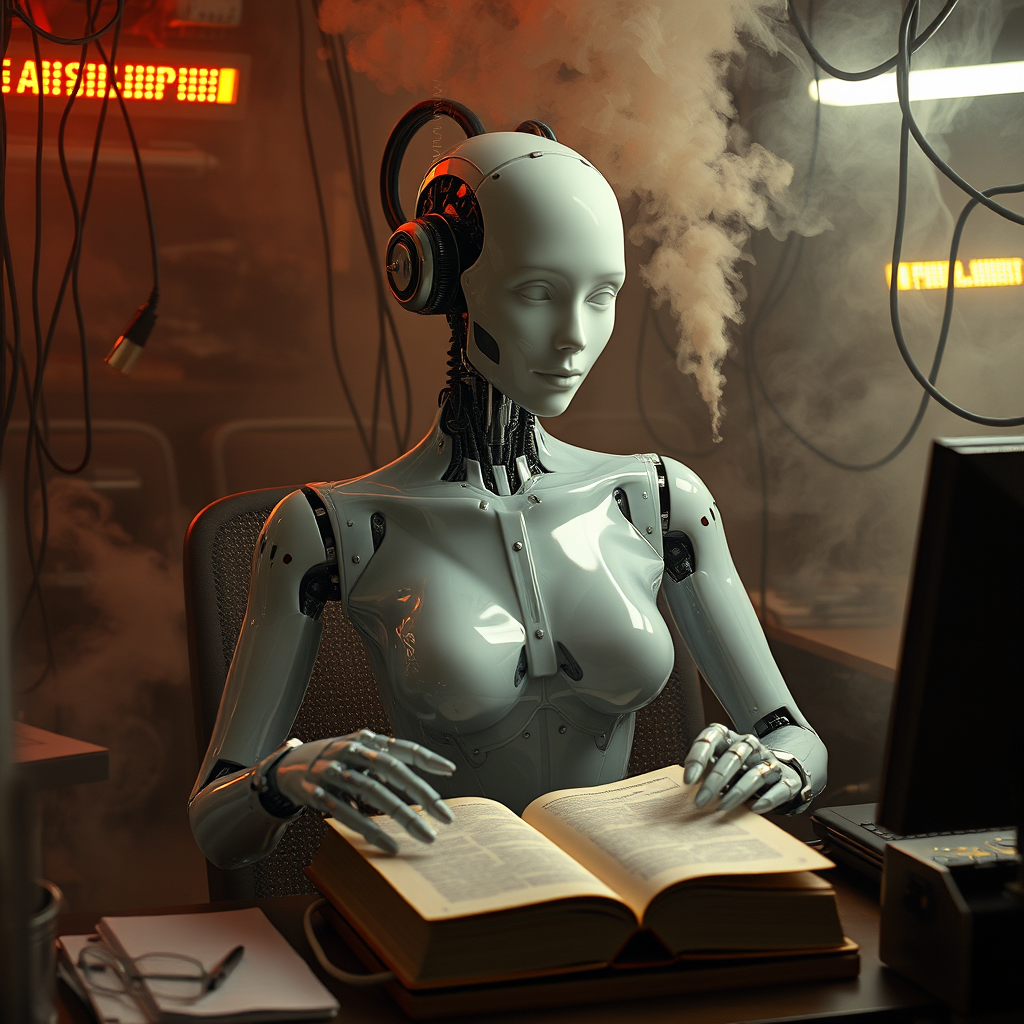 Body portrait photography, in a smoke-filled office full of cables and wires and LED lights, features a carbon motor head attractive transparent white plexiglass secretary. Robots read an ancient book at her desk, captured from an 80-degree view, art by Sergio Lopez, Natalie Shau, James Jean, and Salvador Dali.