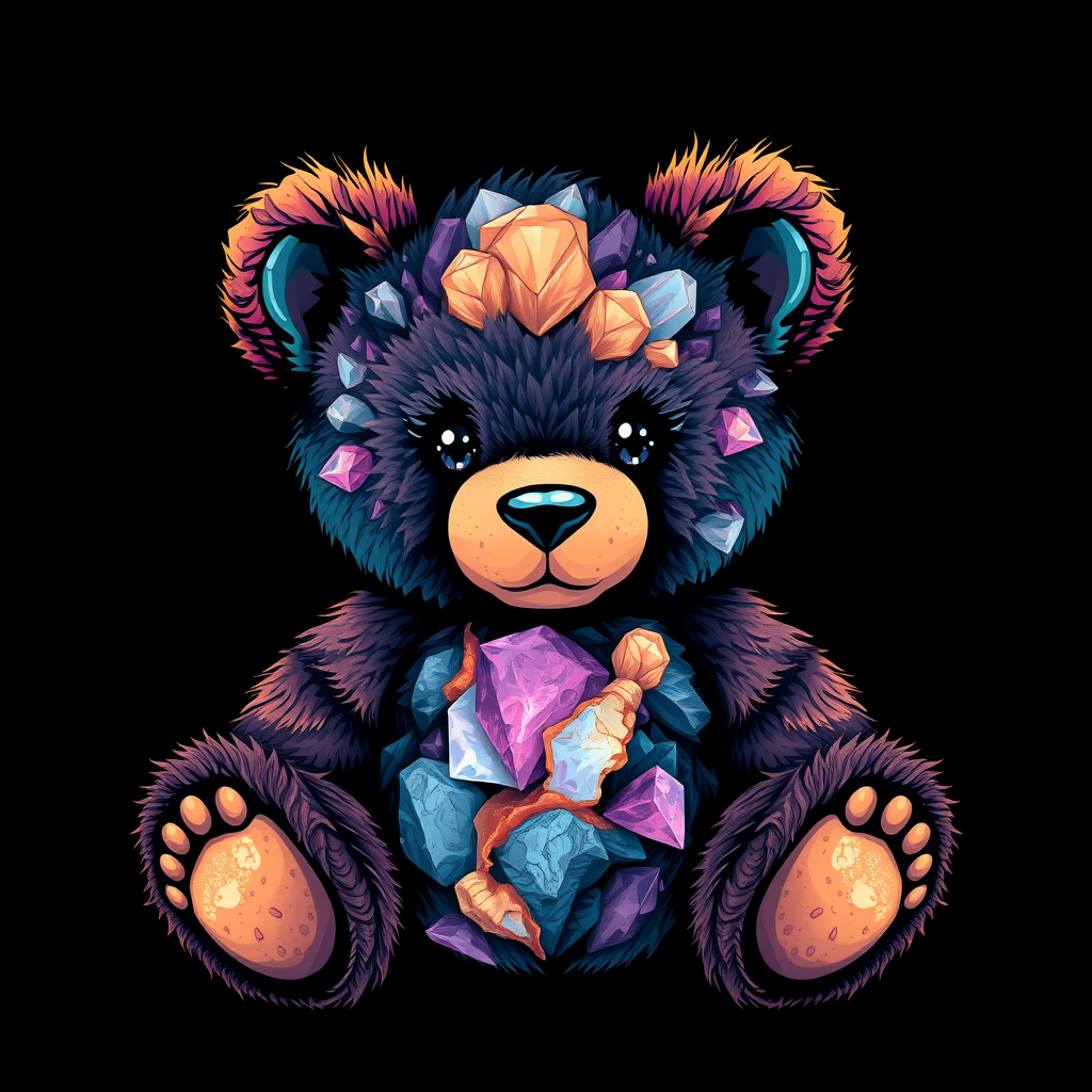 A tee shirt design of a teddy bear whose entire body, ears, and head are perfectly blended with a beautiful mineral. Striking and beautiful digital strokes.