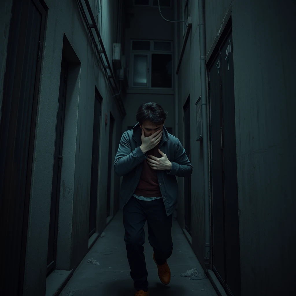 In the dark and narrow alley of an old residential building, 20-year-old Li Hanxiao, suffering from a heart disease, clutches his chest in pain, stumbling and fleeing. Scene Keywords: Dark, narrow alley.