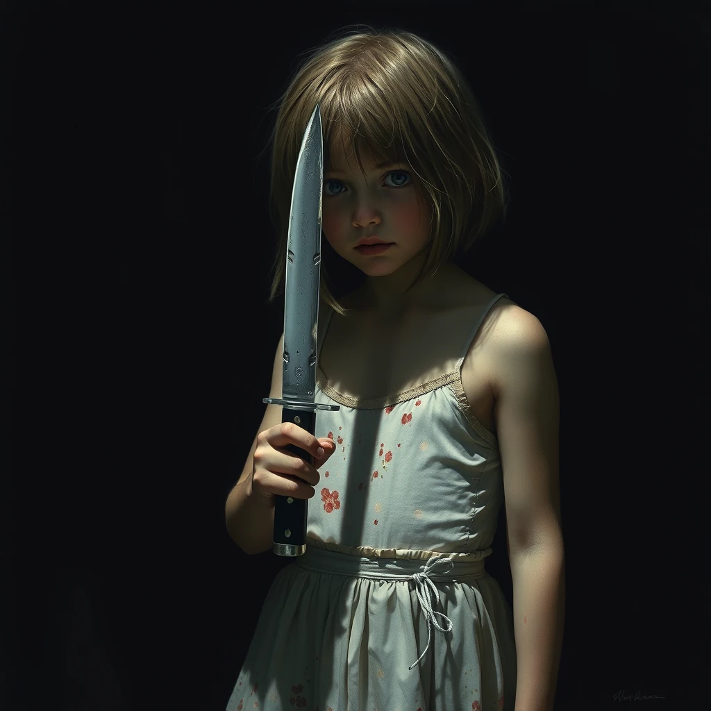 "The girl is holding a knife, art, photograph, her body is not visible due to the darkness."