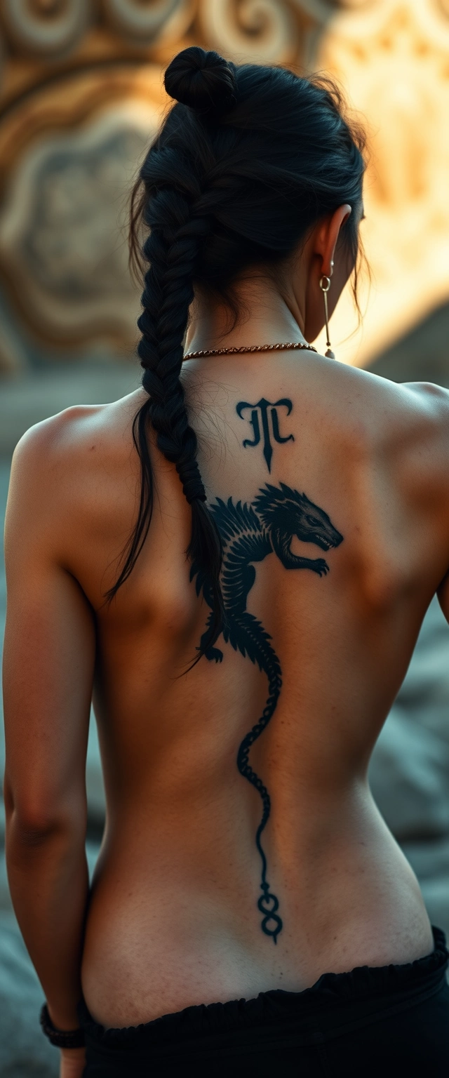 Tattooed back of a muscular Indian woman with white skin, inscribed with "nocturnal animal".