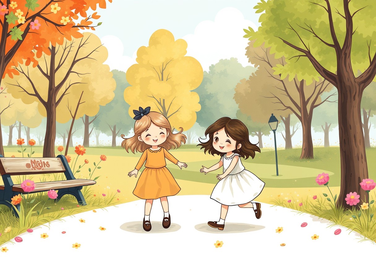 Two little girls play together in the park, using picture book illustrations, hand-drawn styles, and flat illustrations.