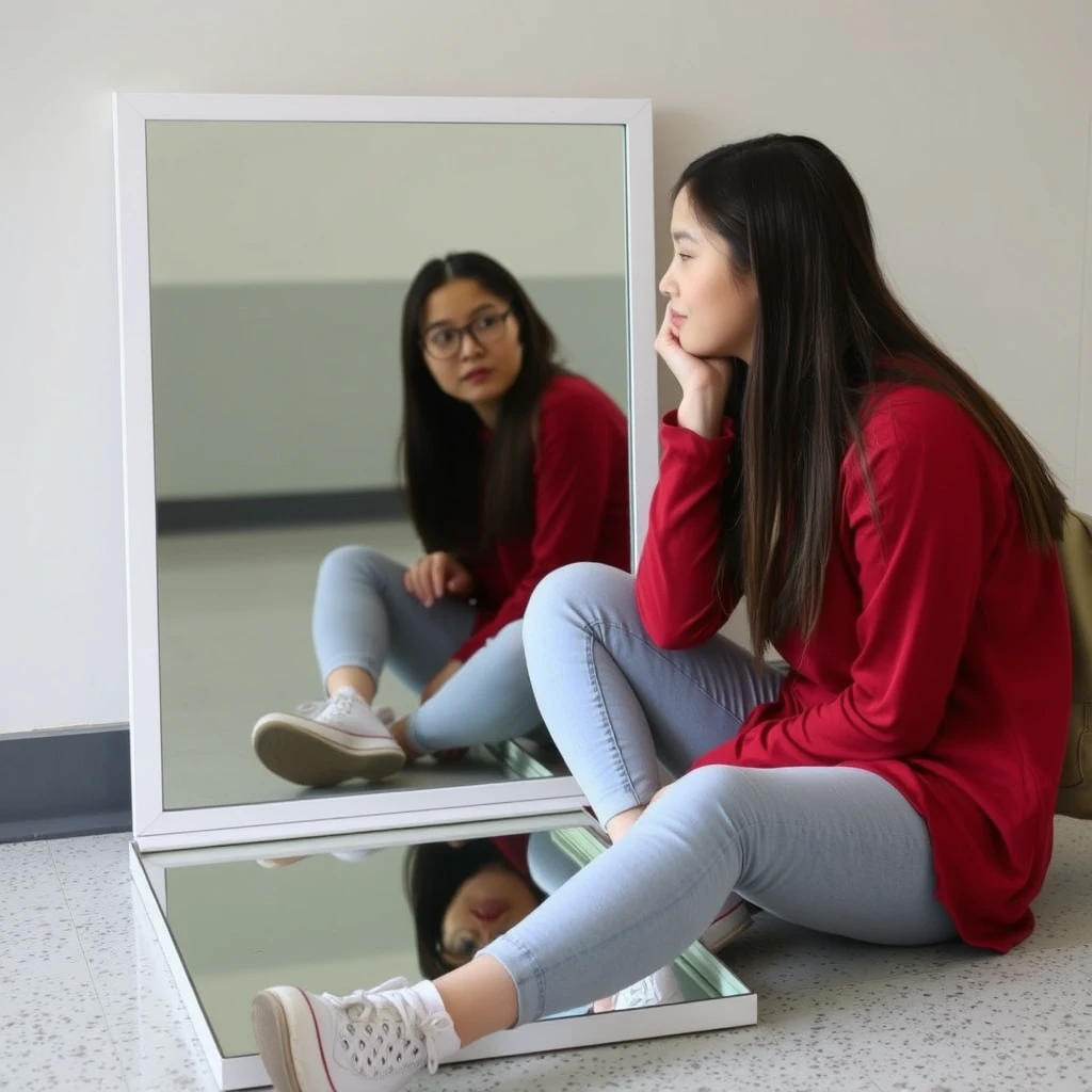 A female student is sitting on the ground looking in a mirror. Note that she is looking in a mirror, which is a full-length mirror on the floor.