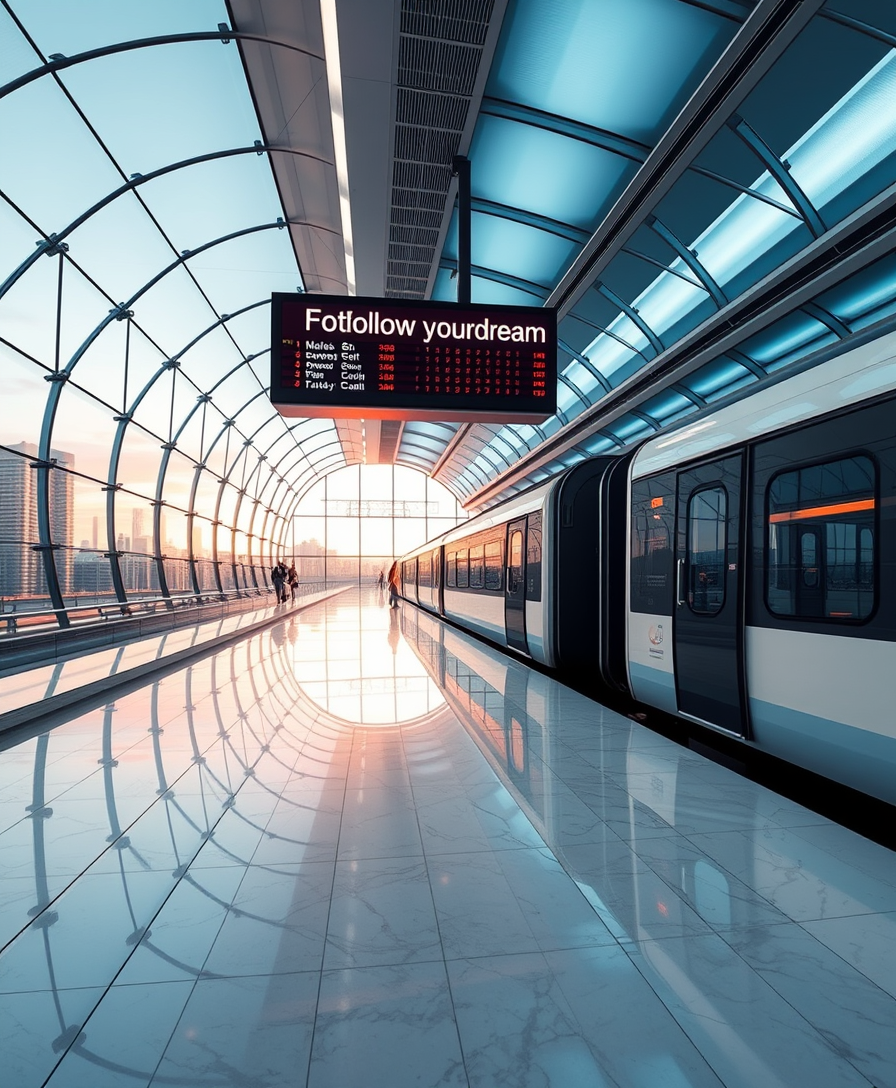 Futuristic interior of the railway station, with beautiful lighting. The glass walls offer stunning views of the city landscape on one side and a standing train on the other side. The train timetable board says "Follow your dream" in large neon letters. The design of the station is concise and modern, with a shining marble floor, with clear lines and a sense of sophistication.