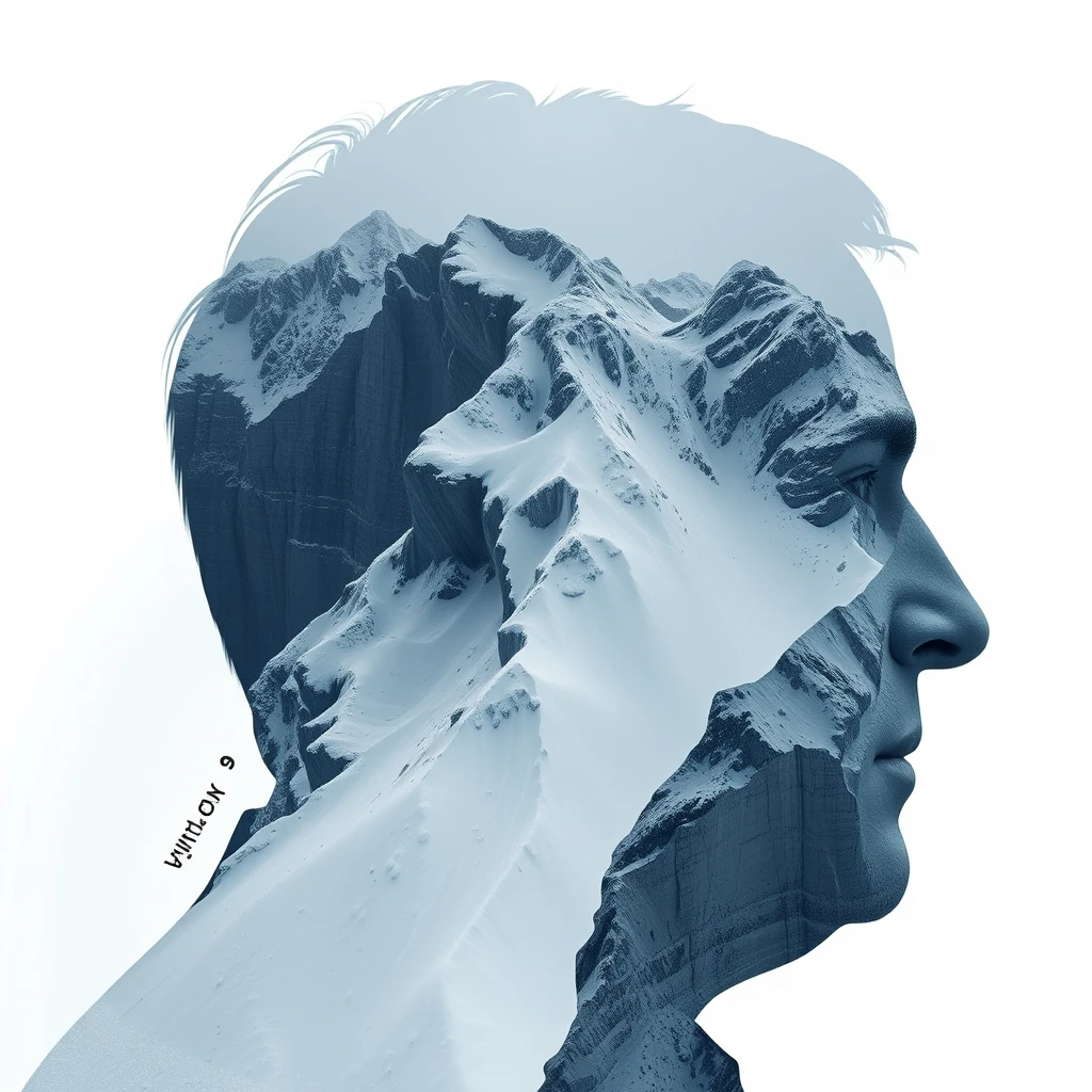 "[Abstract style of snow-covered cliffs] within the head silhouette of [a middle-aged man's head silhouette], this is a double exposure photo. Non-representational, color and shape, emotional expression, imaginative, very detailed."