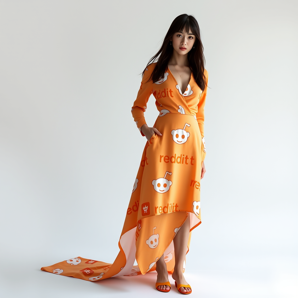 A Japanese model posing in an orange and white, cotton, V-neck, high-low dress with a train, long sleeves, and a Reddit logo pattern, shot in the studio, high fashion photography, in a photograph by Alasdair Mclellan.