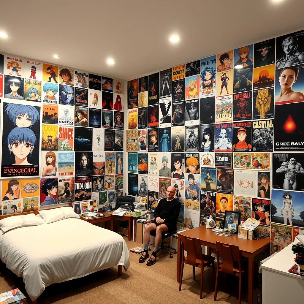 A very large room, one wall covered with many posters, including a poster of Kei Zenghe's "Movie Girl," a poster of Neon Genesis Evangelion, a poster of Dragon Ball, a poster of Asuka, and a poster of Castle in the Sky. The room also has a bed and a table with chairs. There is a person sitting in the room.