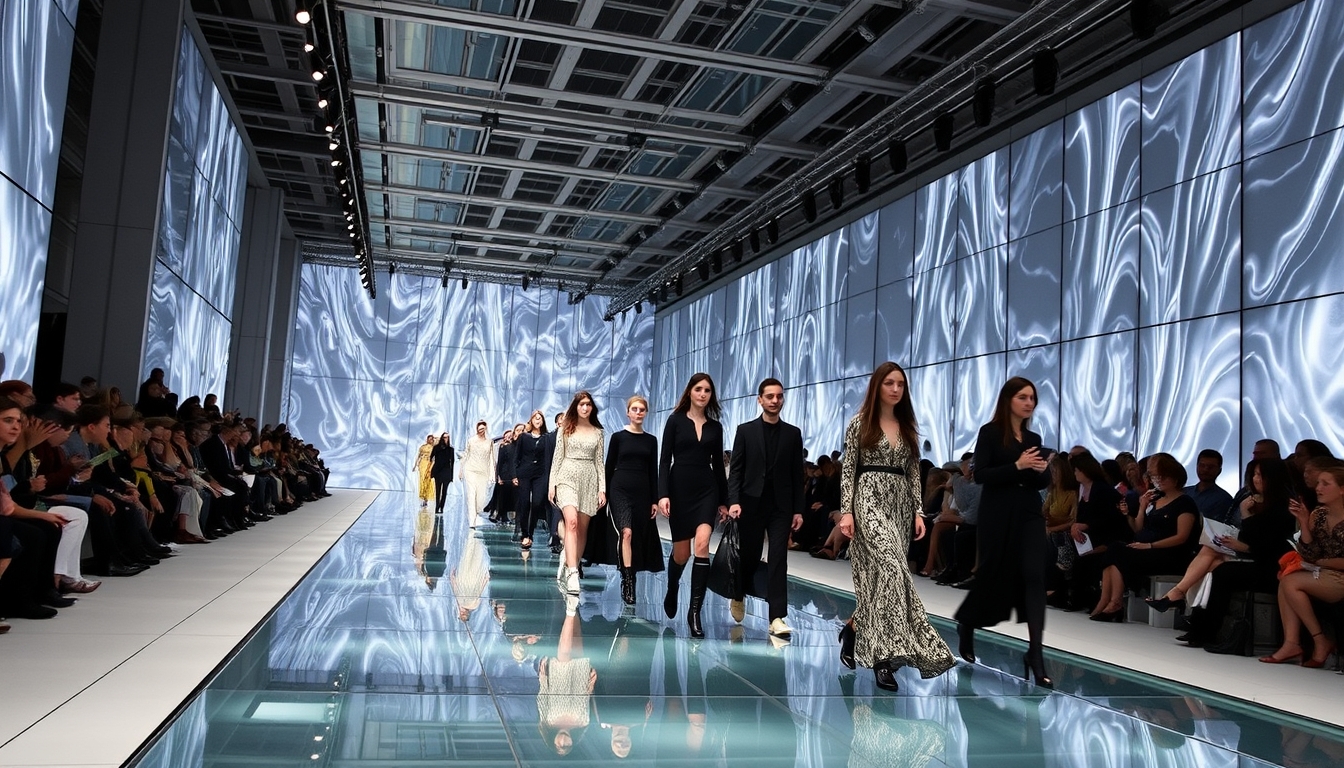 A high-end fashion show with models walking down a glass runway.