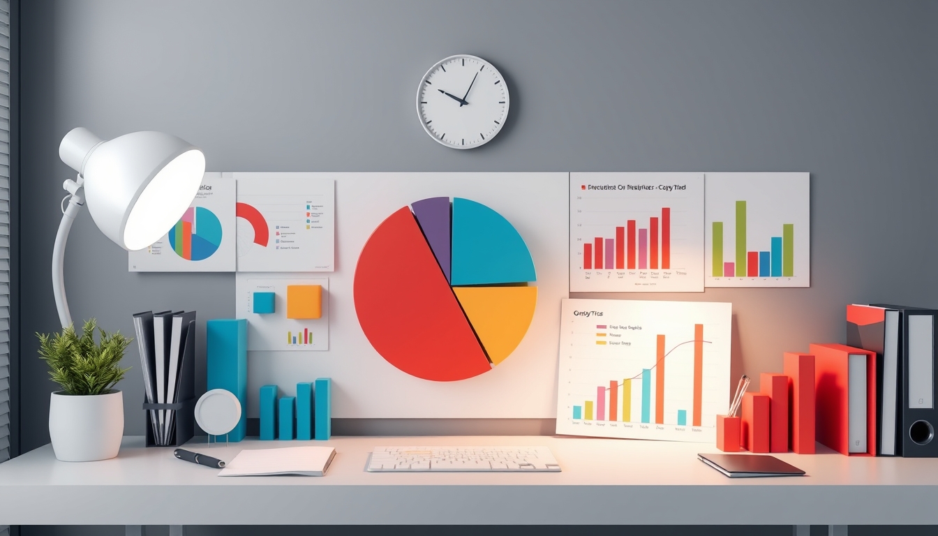 Organized workspace with 3D pie charts and graphs, ideal for business presentations, copy space available.