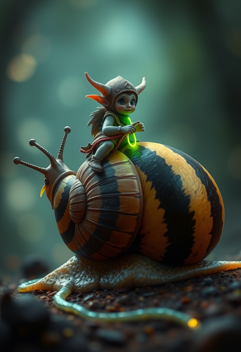 A tiny goblin jockey riding on the back of a giant snail, neon reins, the snail's shell is striped black and yellow, slime trail, neon bokeh, in the style of a fantasy painting.