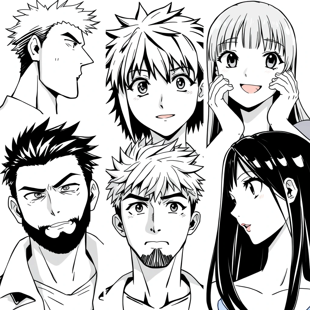 Anime-style black and white collage of five characters  
Top-left: man with short, spiky hair facing right, stern expression. Top-right: woman with long straight hair facing left, surprised expression with hands on cheeks. Bottom-left: woman with very curly hair facing right, cheerful expression with one hand near her face. Center: bearded man with short, messy hair facing forward, serious expression. Bottom-right: woman with long dark hair facing left, profile view, neutral expression. All characters are close-up headshots. Monochrome style with strong contrasts. Varied facial expressions and hair styles. Characters arranged in asymmetrical composition filling the frame. Detailed anime eyes and features, sharp line work. - Image