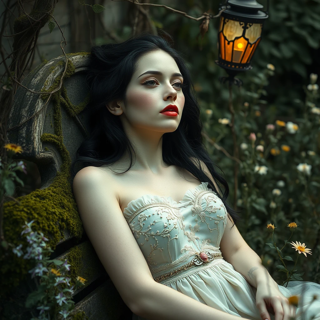 A lone porcelain-skinned woman with raven hair and lips the color of faded roses, reclining on a decrepit, moss-covered stone bench in a forgotten garden, surrounded by twisted vines and overgrown wildflowers, with soft, golden light spilling from a cracked, stained glass lantern, in the eerie, dreamlike, subtly surreal and nostalgically romantic style of Laura Makabresku, with intricate textures and subtle, muted colors reminiscent of old, yellowed photographs and haunting, ethereal beauty. - Image