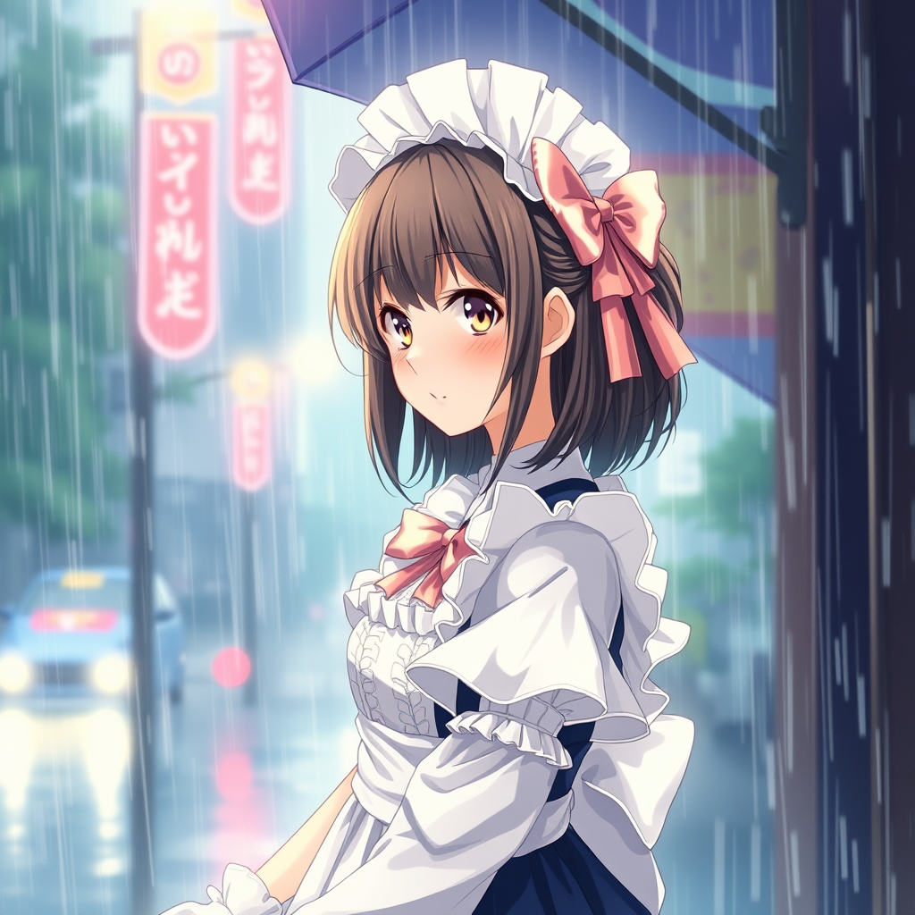 Anime art of a girl, beautiful, maid, frilly dress, detailed scene, stunning details, trending on ArtStation, rainy day, ray-traced environment, vintage 90's anime artwork.