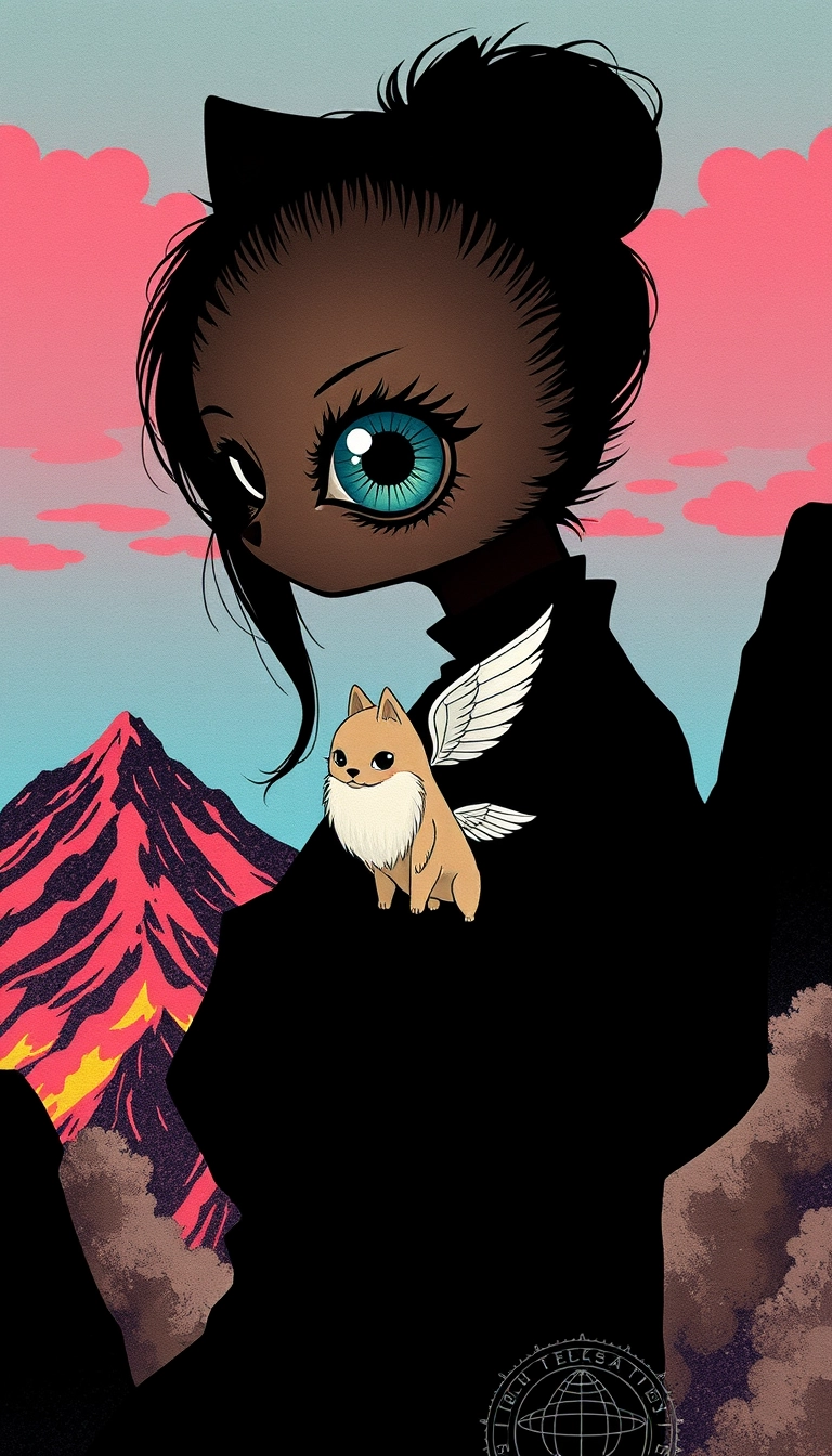 Niji beauty silhouette Fashionista girl with a tiny super cute fuzzy fluffy creature big eye with wings, inspired by Pomeranian spitz cute, perspective pop rock fluo collage sci-fi steampunk machinery extra dust particle cloud octane render and paper art ink art Melies, Jules Verne, from hell, burning mountain, sad human climbing the sky, poetic love, 2D minimalist, halftone process. - Image