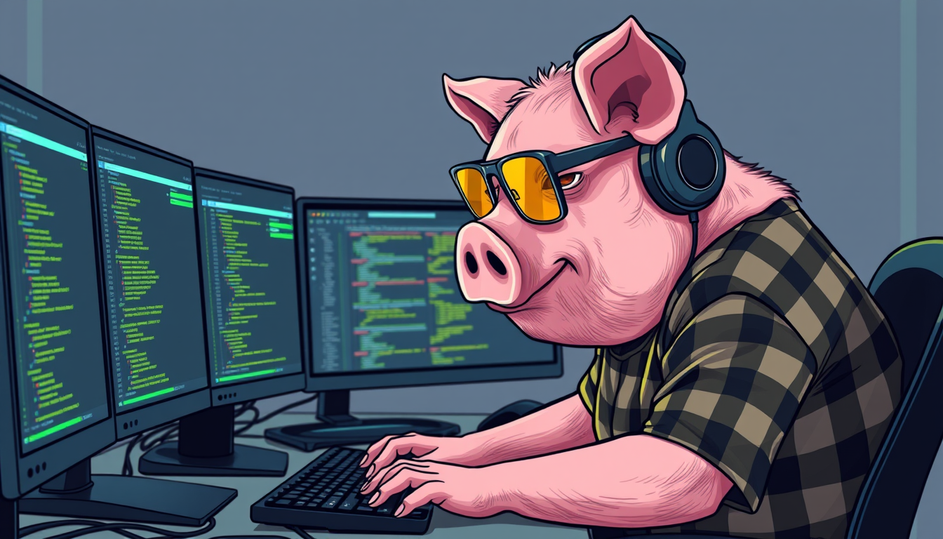 A tech-savvy porcine coder, donning yellow-tinted glasses and sleek noise-cancelling headphones, hunches over a cutting-edge multi-monitor setup. The anthropomorphic pig exudes focus, typing furiously. Wearing a plaid t-shirt. - Image