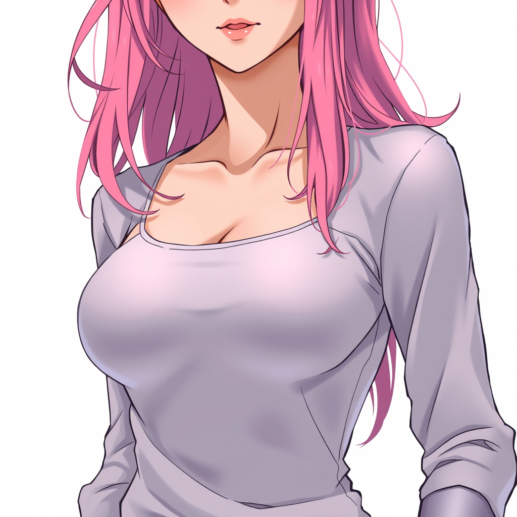 Anime art of a motherly woman, upper body, pink hair, tight shirt, detailed body, standing, white background, stunning details, trending on ArtStation, anime artwork, anime cel shading, detailed soft shadows - Image