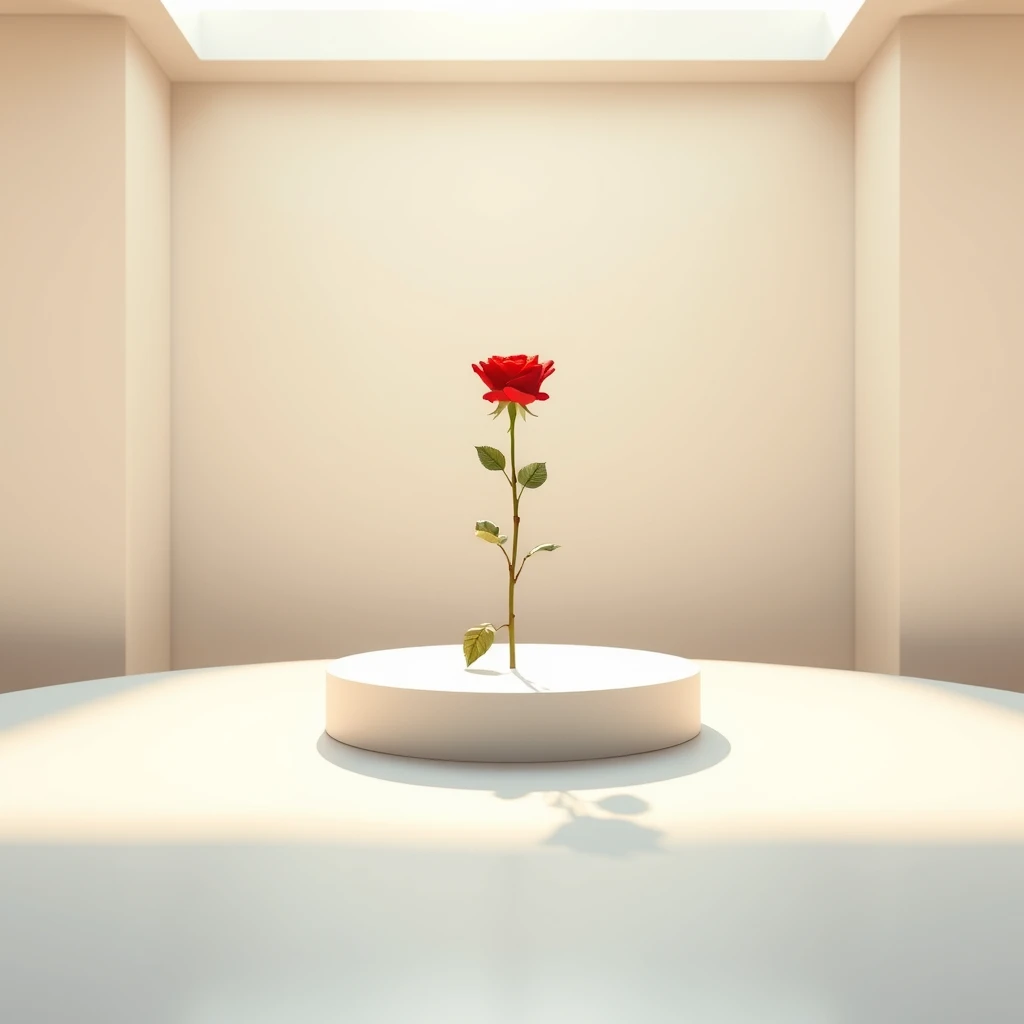 Product photography, a round flat podium and a rose, on a spacious, bright, white tabletop, centered composition, the entire scene bathed in soft bright golden sunlight, beautiful light and shadow, two-point perspective, clean, simple, open, halo rendering. - Image