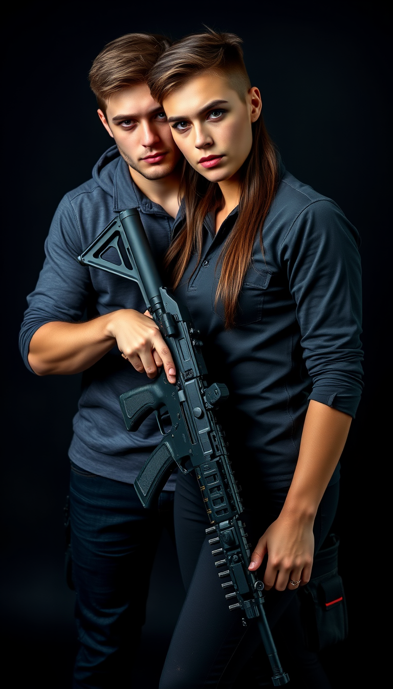 A striking elite young Russian couple posing together for a gun magazine on a dark background with combat weapons. Both holding a firearm close to their bodies, ready for action.