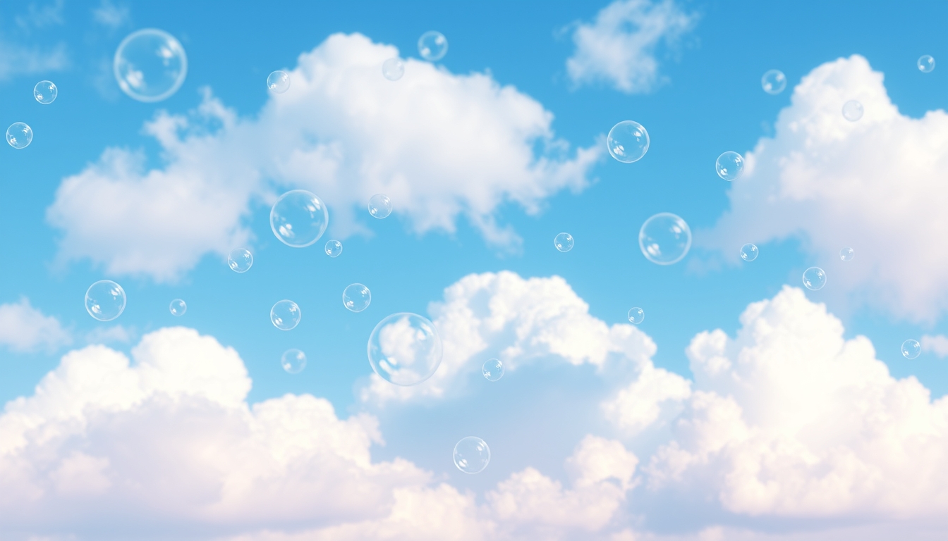 Soft bubbles floating in a blue sky with clouds, abstract nature-inspired wallpaper, high detail and vibrant.