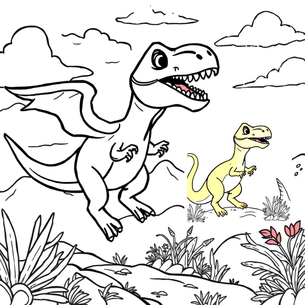 A coloring book page featuring a flying dinosaur, in cartoon style, with thick lines, low details, and no shading. On the right, the same illustration in vivid color. --ar 13:9 - Image