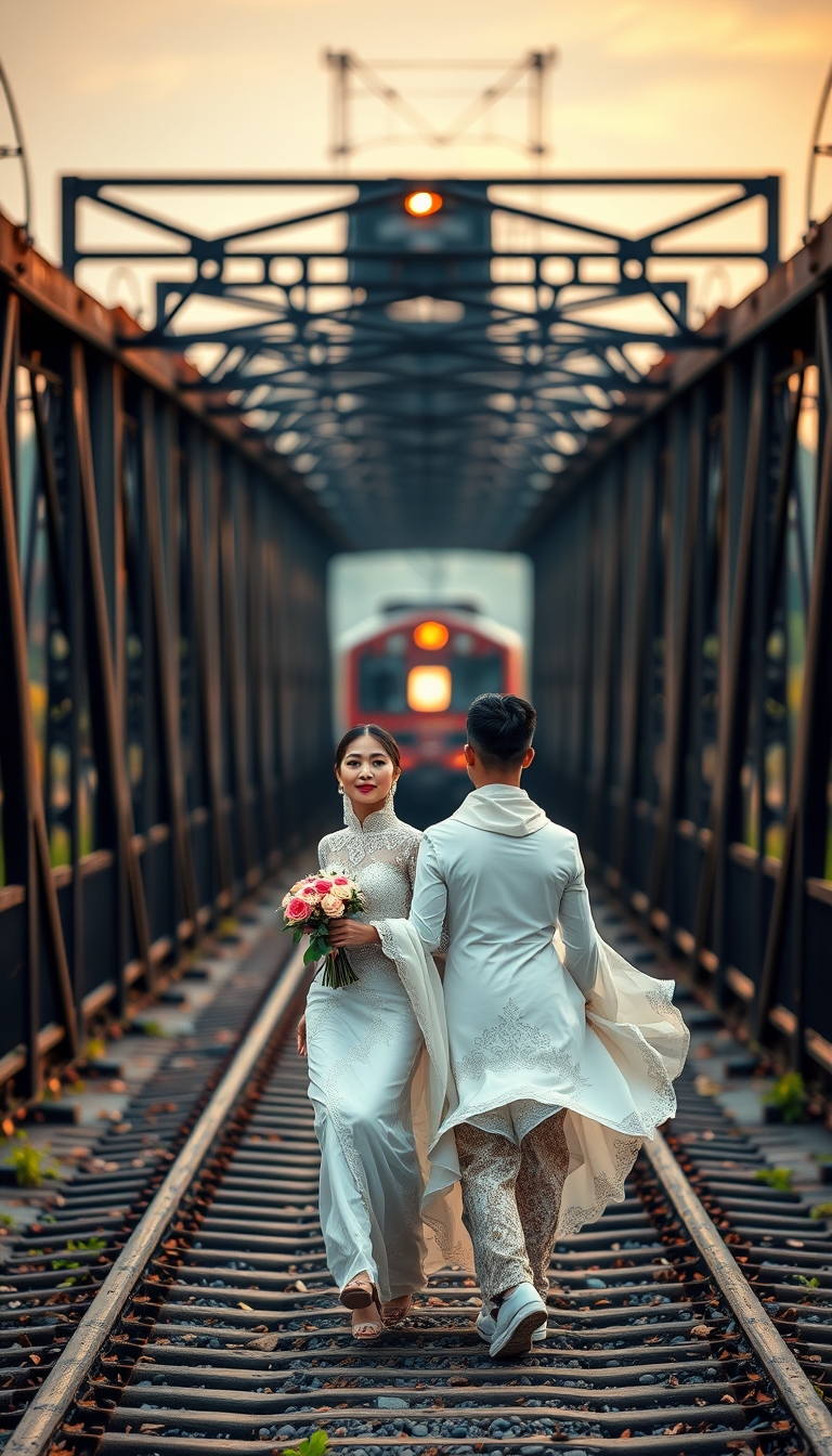 A captivating and surreal photograph of a couple adorned in traditional Malay white wedding attire. The bride dons a stunning "pengantin" outfit, while the groom stands tall and confident. They are seen racing towards a mysterious and ominous black metal bridge. The bridge symbolizes their passage into a new chapter of their lives together. The dramatic scene is further intensified by a bokeh background and the TRAIN IS COMING. This image masterfully blends love, adventure, and suspense, creating a unique fusion of emotions. TRAIN ON BACKGROUND, GOLDEN HOUR.