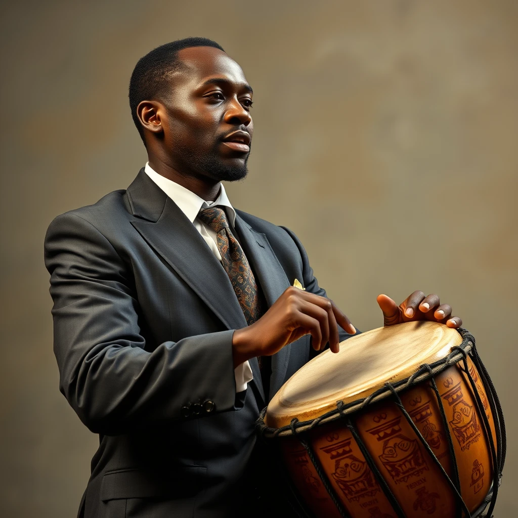 Photorealistic image of an African man, wearing a suit, playing the talking drum.