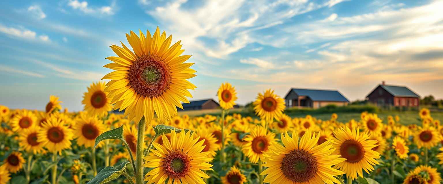 Vibrant, sunflower fields, golden blooms, high quality, photorealistic, summer, cheerful, idyllic, rural, panoramic, breathtaking, rural farmhouses, blue skies, windblown fields, sunset, floral arrangements.