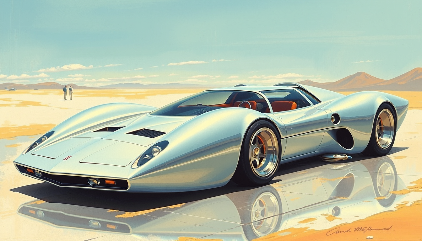 A futuristic exotic car concept, a painting by Syd Mead, 4K, detailed, circa 1970.