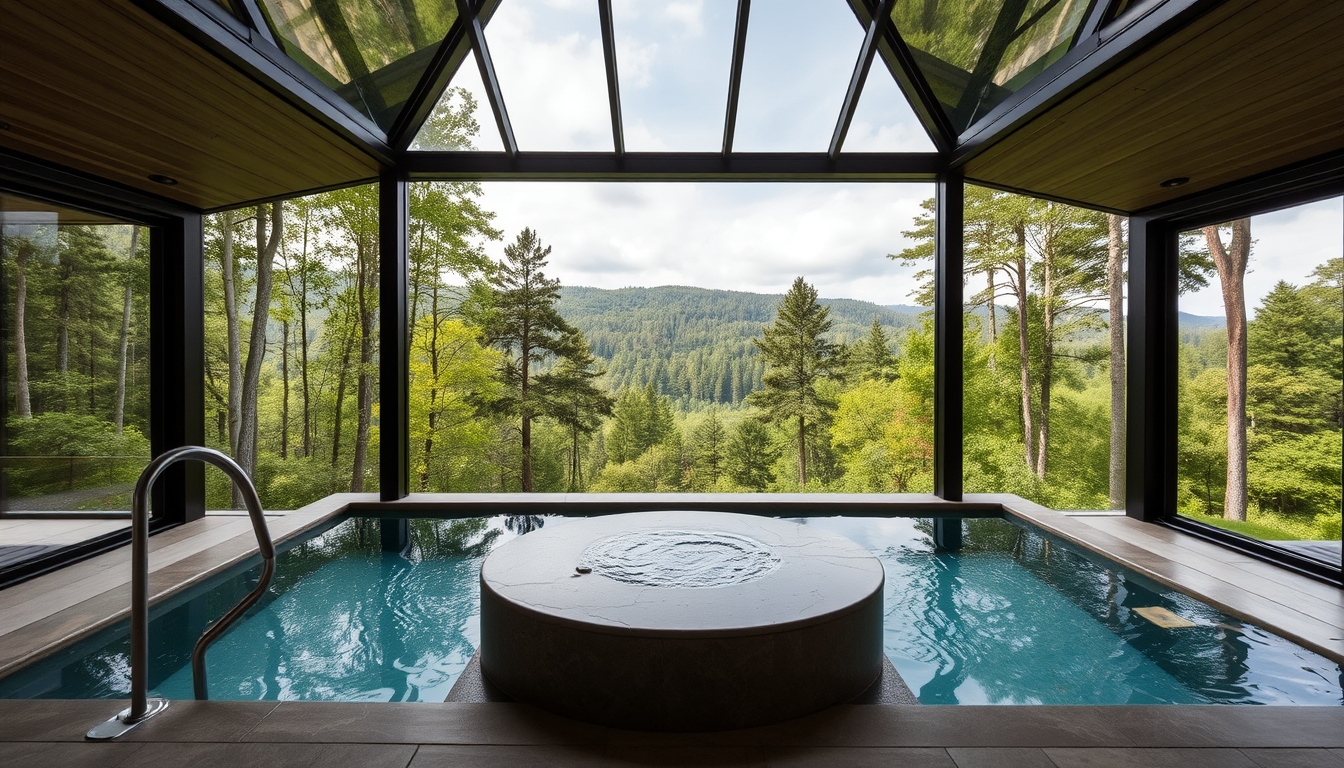 A luxurious spa with glass walls, overlooking a serene forest landscape. - Image