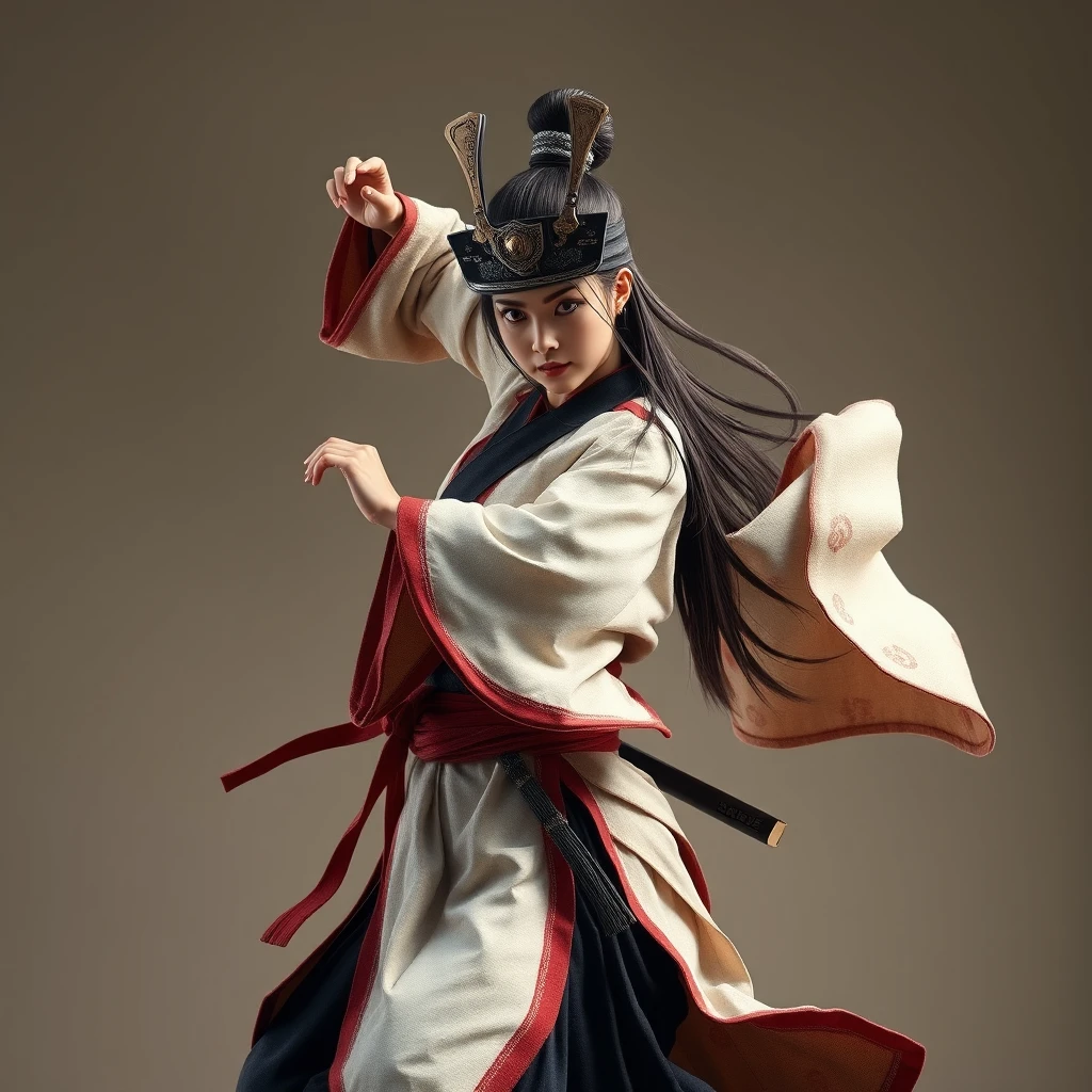 Female samurai dancing, realistic rendering.