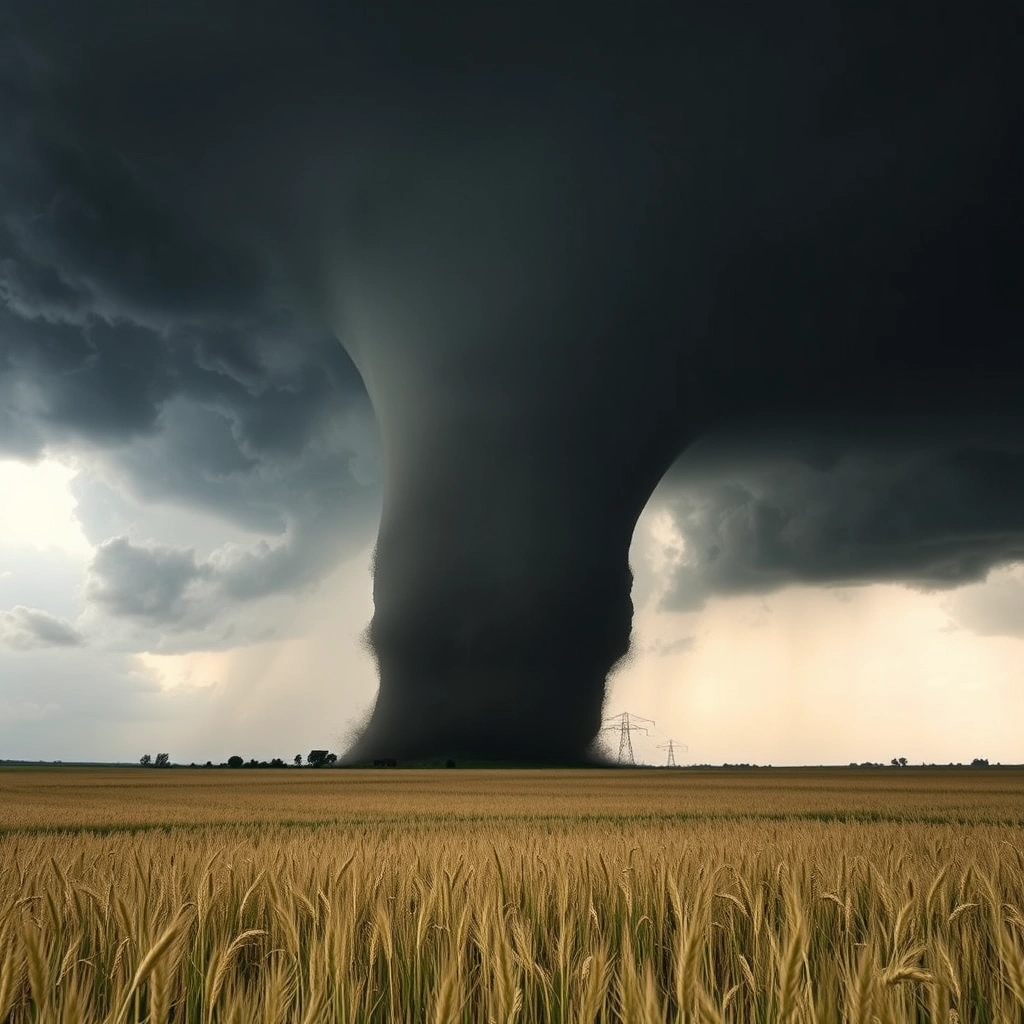 Very huge black tornado in the wheat meadow.