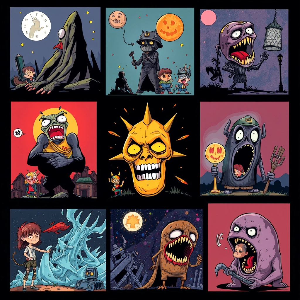 Collage of different crazy terrible illustrations