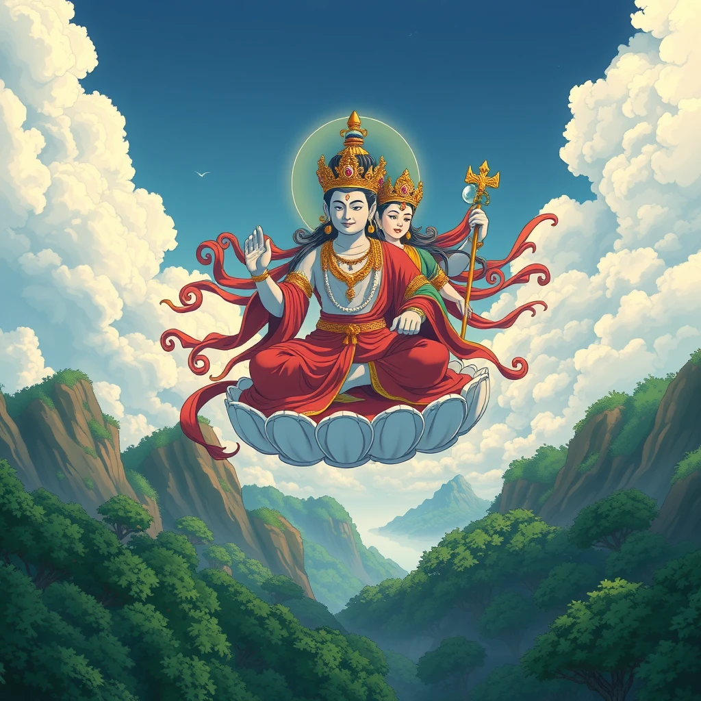 An image of Vajrasattva with consort in Studio Ghibli style, flying above an Indian forest.