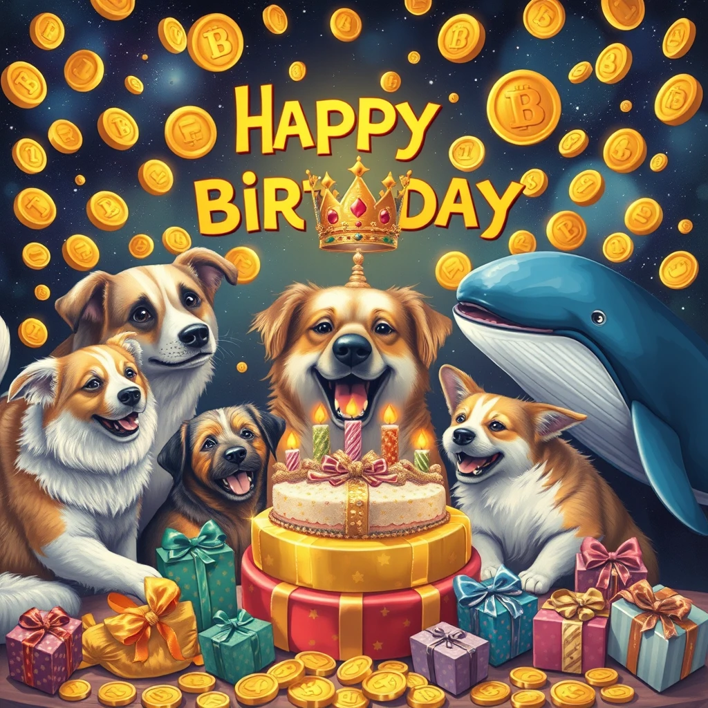 Animals are celebrating a birthday, there are dogs, there are whales, there are many gifts, the atmosphere is joyful, in the background there are gold coins, a sci-fi backdrop, and in the middle, there is a crown.