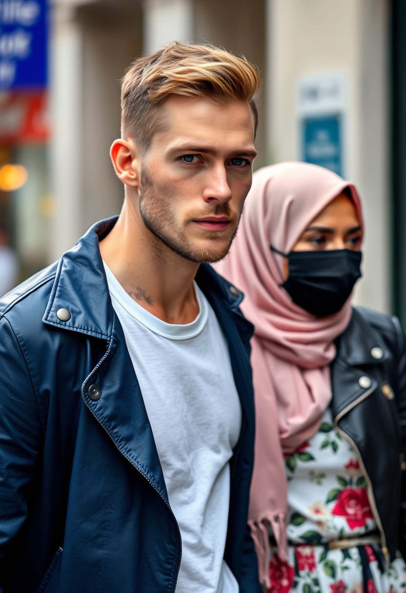 Jamie Dornan's face, hair, and body shot; handsome, young, shaved; white T-shirt, blue jacket, jeans; dating, love with a big soft pink hijab; black leather jacket, black face mask; biggest floral skirt; hyper-realistic, street photography.