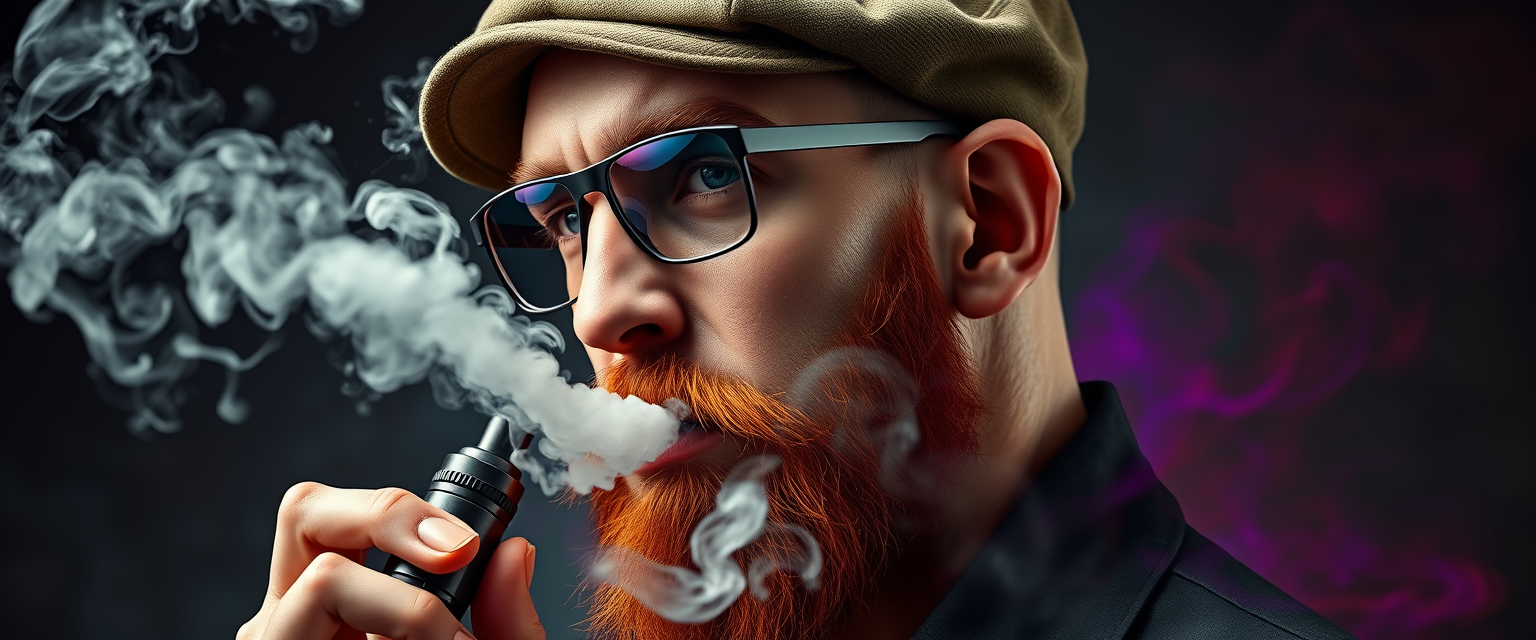 Three-quarter view of a sinister, bald human male with demonic features. Short ginger beard contrasts with dark eyebrows. Wears a weathered flatcap and reflective aviator glasses. Clutches a sleek vapemod, exhaling dense, swirling vapor clouds. Vibrant e-liquid drips off his pale skin, creating a colorful aura. Hyper-realistic, high detail.