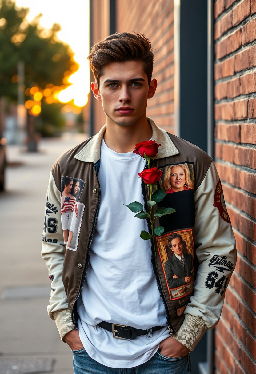 Freddie Prinze head and body shot, handsome, young, serious face, white T-shirt, collage jacket, jeans, sneakers, holding a red rose, hyper-realistic, street photography, brick wall, full body photo, sunrise. - Image