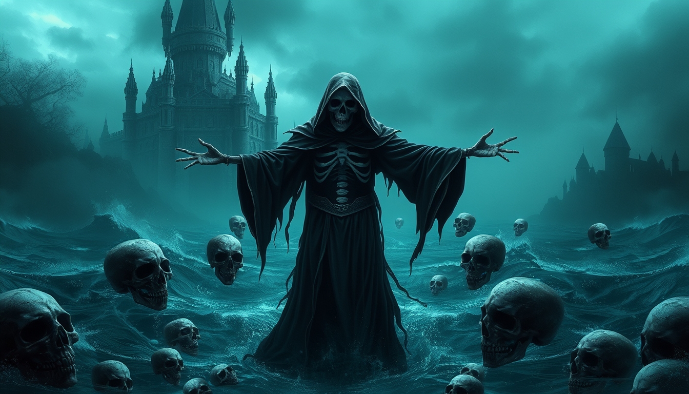 A skeletal grim reaper in a tattered black cloak stands amidst a stormy sea, arms outstretched, surrounded by floating skulls. A gothic necromancer's castle looms in the background. Dark, ethereal, and ominous atmosphere, digital art, teal tones.