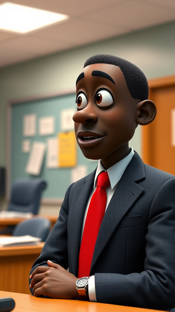 Black man wearing full suit colors talking to principal's office 8k, 3D Pixar style. - Image