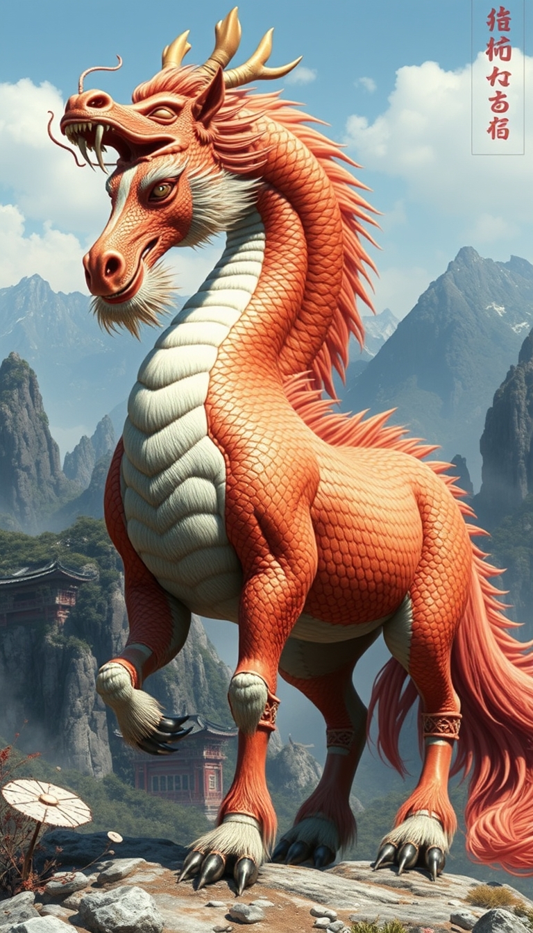 (ultra realistic) an oriental dragon combined with a hairy horse body, in a Chinese mountain background. - Image